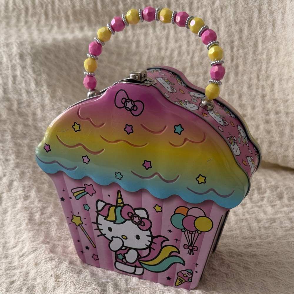 Hello Kitty Rainbow Cupcake Metal Tin with latch - Pink, Yellow, Purple beaded